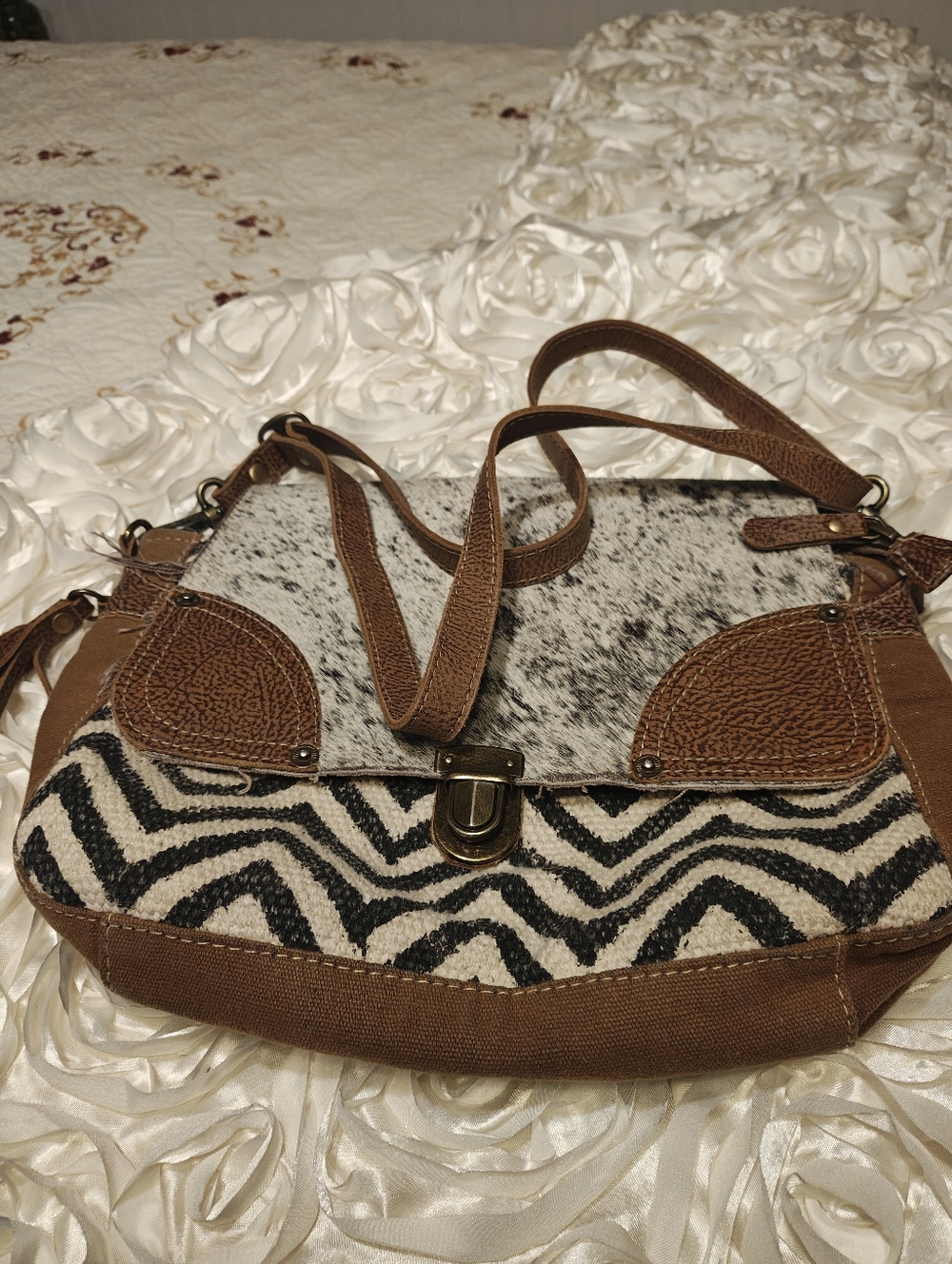 Myra Bag Brown and White Cow Patterned Crossbody